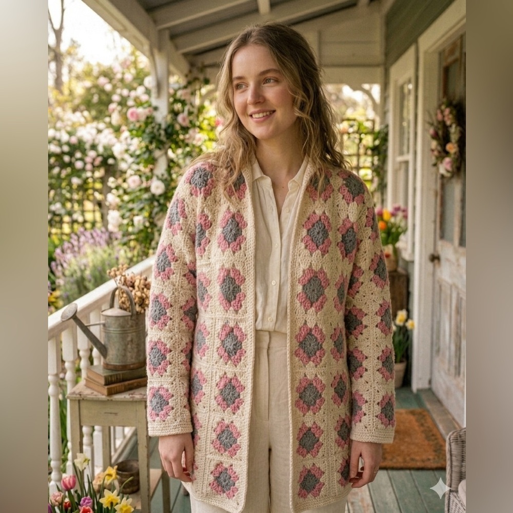 Vintage Handmade Crochet cardigan granny square open front sweater